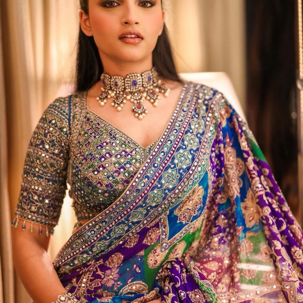 Embellished Blue and Purple Saree viral Ajrak (Tarun Tahiliani inspired)